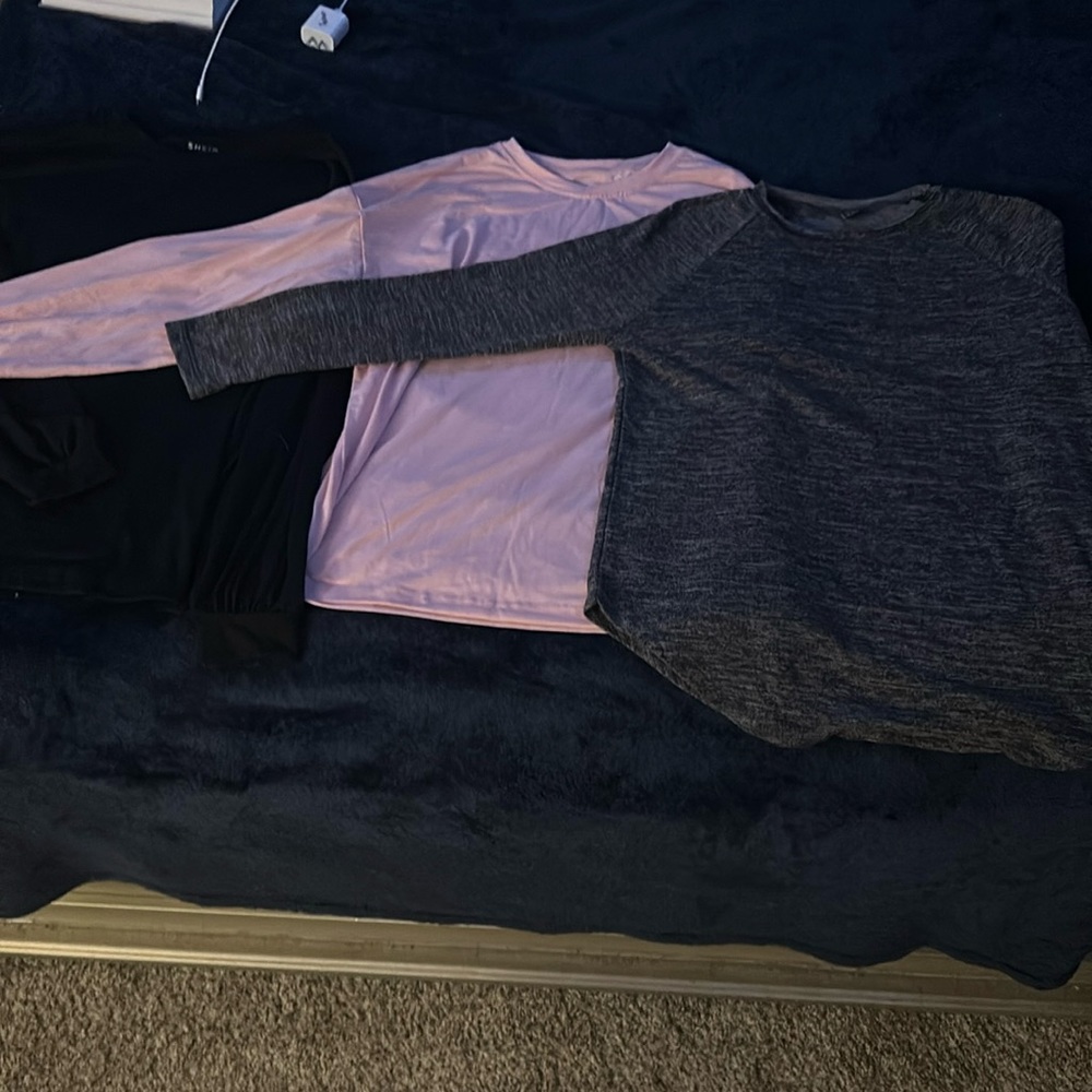 Three long sleeve shirts from SHEIN in colors pink black and dark grey